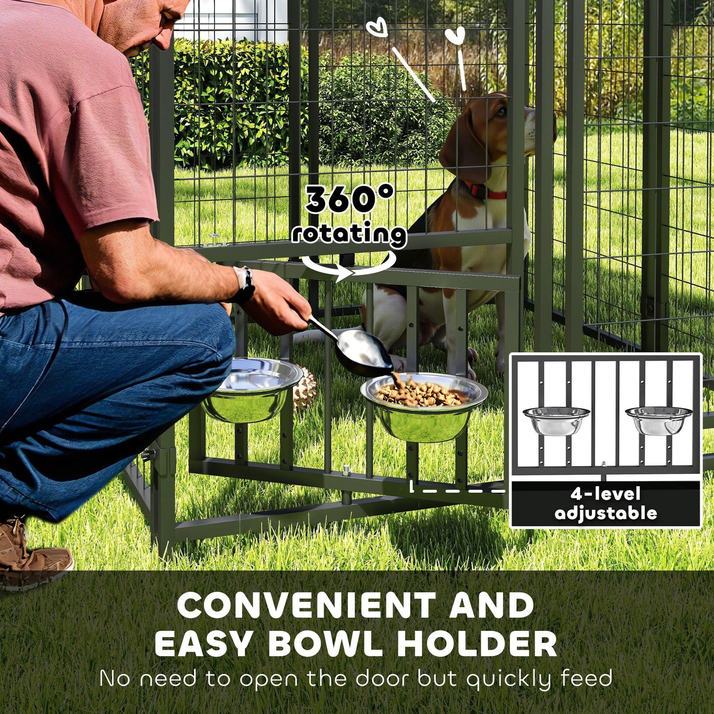 PawHut 4' x 4' x 4.5' Outdoor Dog Kennel, Welded Wire Dog Kennel Outside Run with 360° Rotating & 4 Level Adjustable Bowls, Waterproof & UV Resistant Cover, for S&M Breeds, Chickens, Ducks, Silver