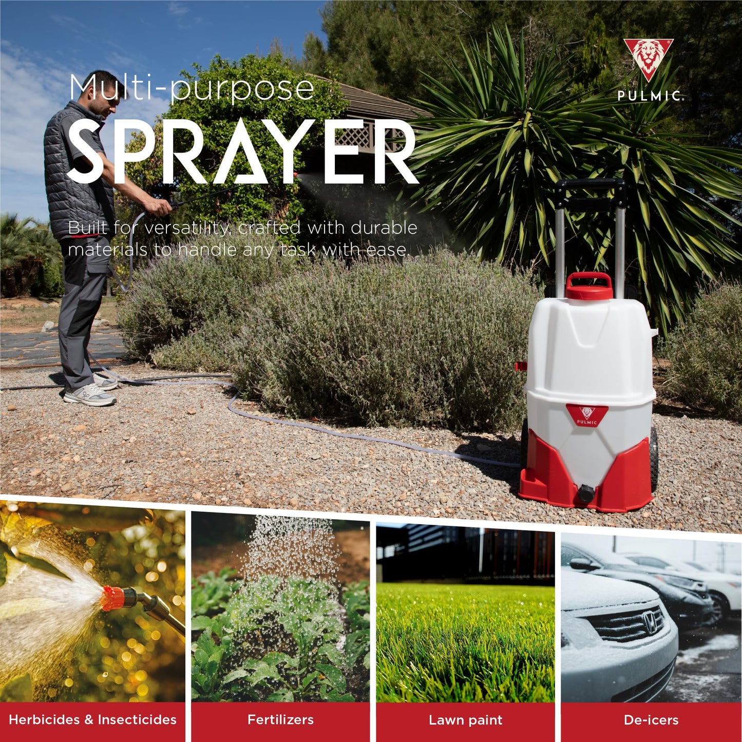 PULMIC Electric Sprayer Pegasus 35. 9.25-Gallon Cart Sprayer. 3 Application Speeds Up to 60 PSI Pressure. 18V Removable Lithium Battery. Up to 7 Hours of Autonomy. 20 ft Hose and Accessories Included