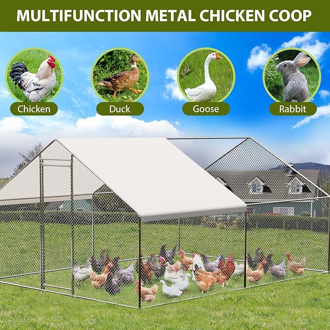 Large Metal Chicken Coop Run, 9.8L x 13.1W x 6.6HFt Chicken Runs for Yard with Cover and Waterproof and Anti-Ultraviolet, Spire Roof Metal Chicken Coop with Lock for Backyard, Duck, Rabbit