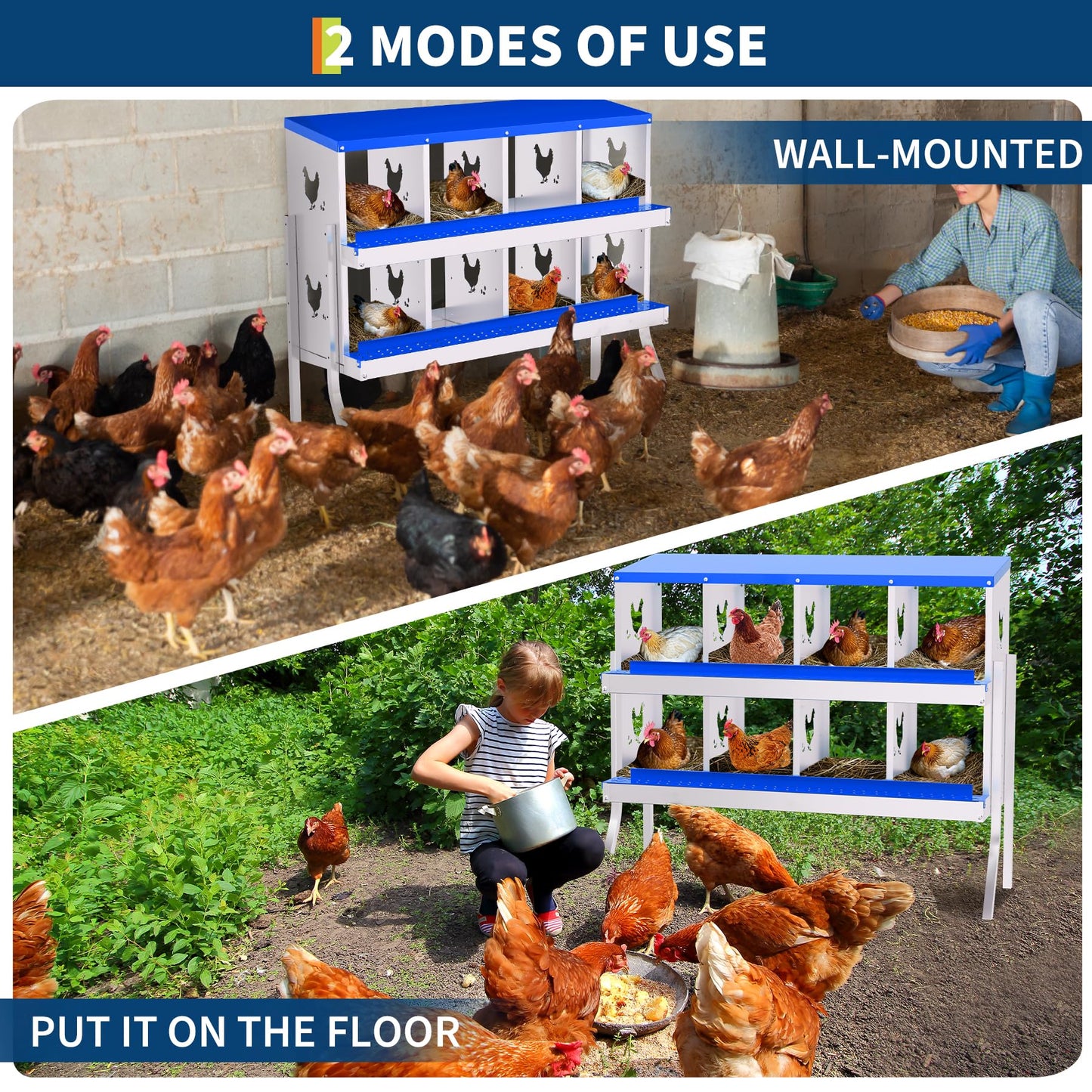 Garvee Chicken Nesting Box with Removable Tray, 8 Compartment Nesting Boxes for Chickens, Easy to Clean and Install, Chicken Laying Boxes for Chicken Coop to Protect Eggs - with Bracket Legs, Blue