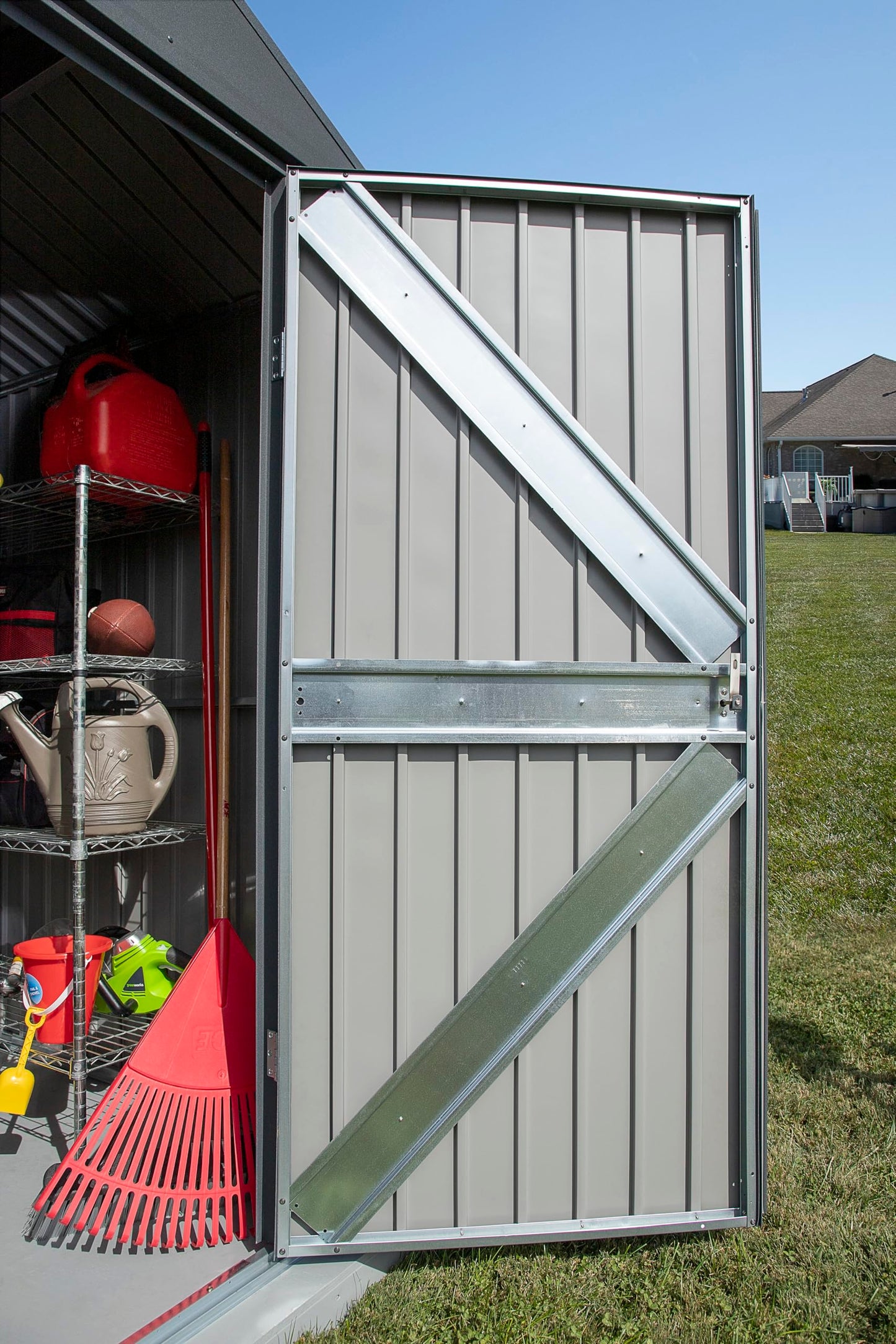Arrow Shed Elite 14' x 12' Tall Outdoor Steel Storage Shed with High Gable and Lockable Doors Storage Building, Anthracite