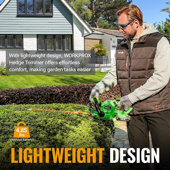 WORKPROX 20V Cordless Hedge Trimmer, Electric Bush Shrub Trimmer, 22" Dual-Action Blade and 3/4" Cutting Capacity with Safety Lock, Great for Garden, Yard, 2.0Ah Battery & Charging Cable Included