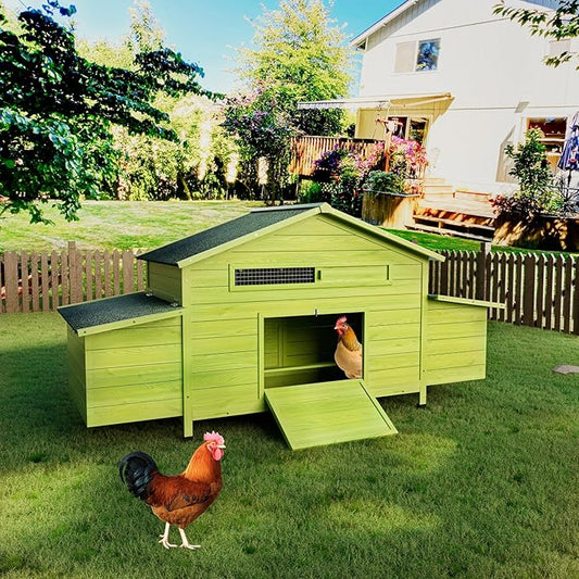 67.7" Large Wooden Chicken Coop for 4-6 Chickens,Outdoor Hen House Poultry Pet Hutch Cage with 2 Free-Range Doors,2 Side Nesting Boxes and Sliding Tray,Green