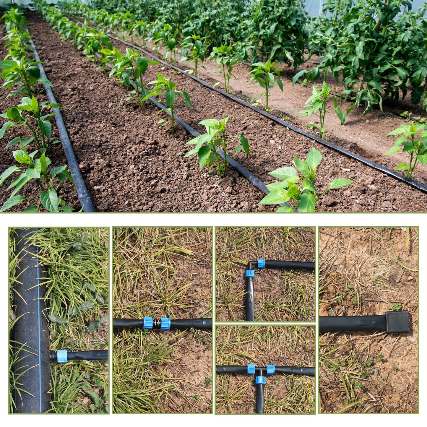 1640 ft 5/8" Drip Irrigation Tape Kit 15 mil Emitter Spacing 6" Flat Drip Tape with 130 PCS Drip Tape Connectors Automatic Irrigation Equipment for Garden Irrigation Emitter Flow:0.79 GPH