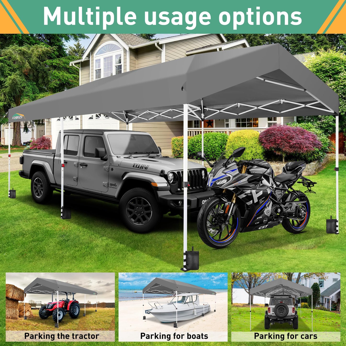 COBIZI Carport Canopy 10x20 Pop up Canopy Portable Garage with 1-Button Push Center Lock,Car Port Garage with 2 Sidewalls UV Resistant Waterproof All-Season Car Canopy Tents Shelter for Car,Truck,Boat
