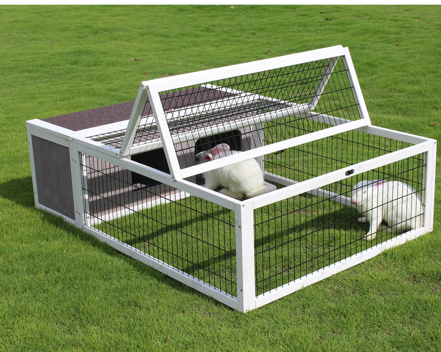 Tortoise House Habitat Wooden, Chicken Coop with Run Rabbit Hutch Small Animal Hutch Enclosure Indoor/Outdoor-Grey + White Trim