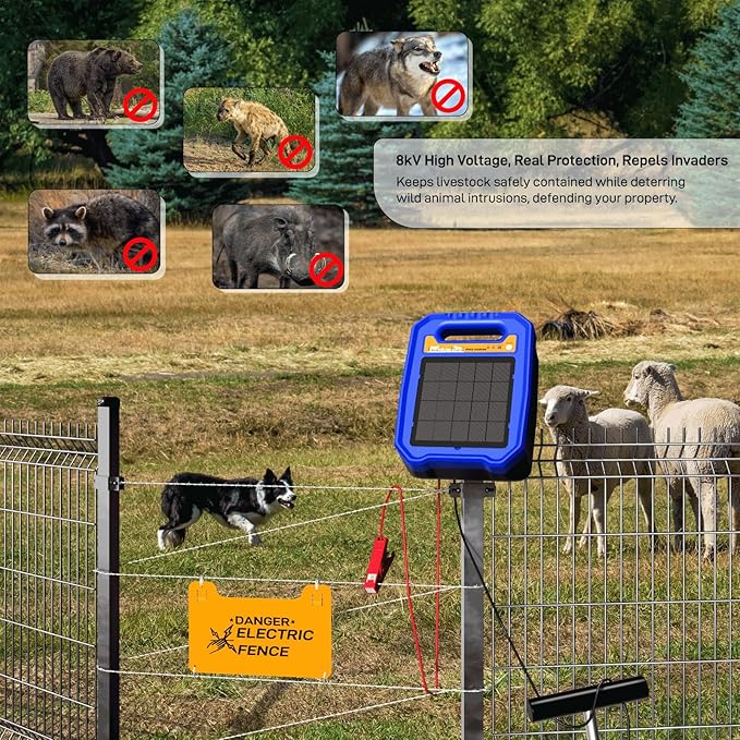 Low Impedance Electric Fence Charger - Solar Powered Electric Fence Controller Output 0.5J up to 5 Miles Electric Fence for Livestock Farm with Day/Night Mode