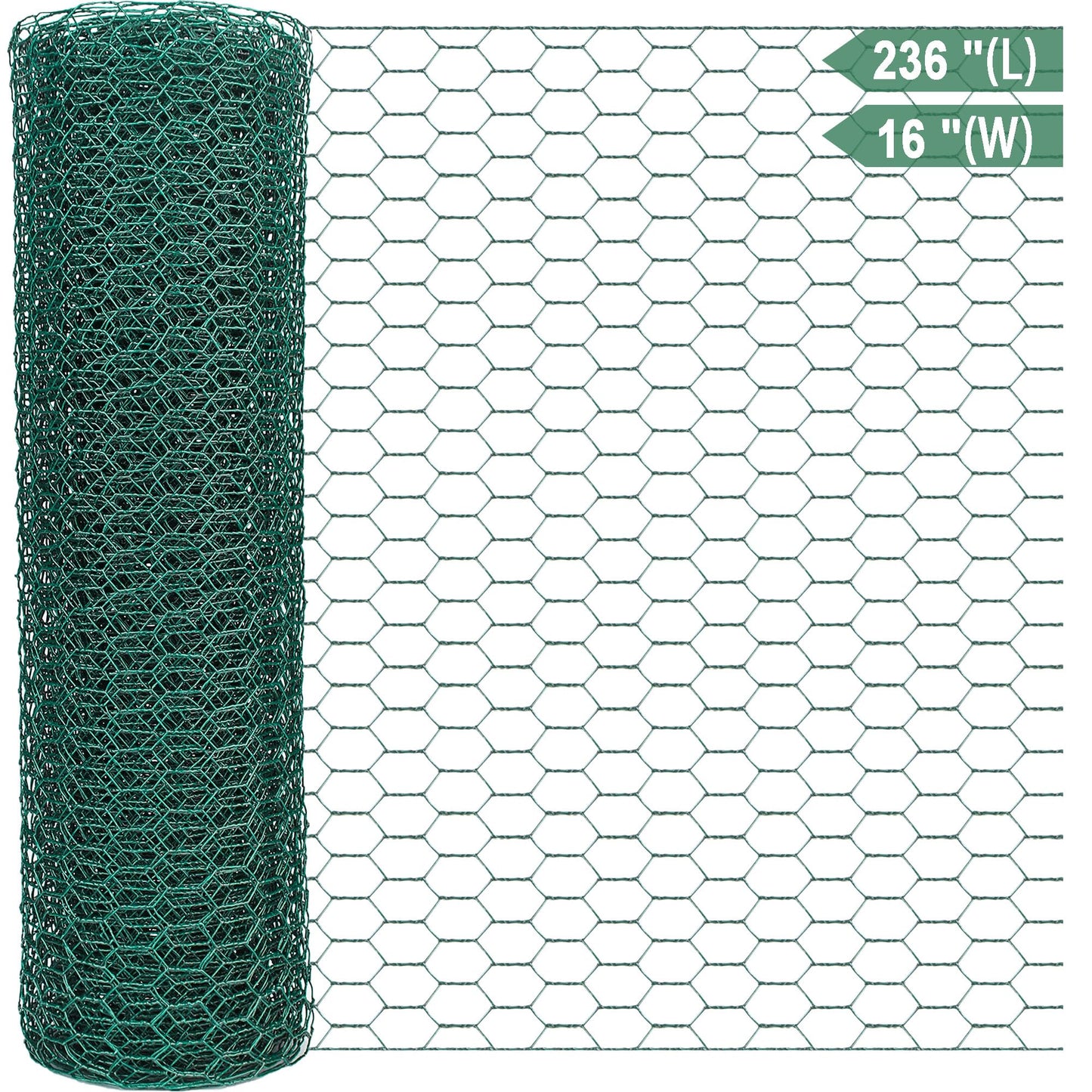 Chicken Wire Netting 16 x 236 Inch Green Hexagonal Galvanized PVC Coated Fencing Mesh for Garden, Poultry Barrier, Floral Arrangements and Crafts