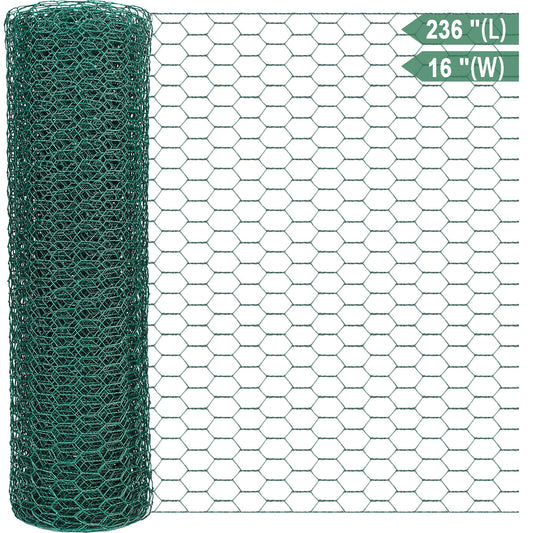Chicken Wire Netting 16 x 236 Inch Green Hexagonal Galvanized PVC Coated Fencing Mesh for Garden, Poultry Barrier, Floral Arrangements and Crafts