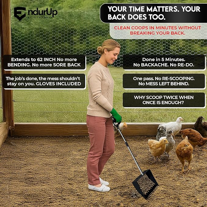 Chicken Poop Scoop & Coop Rake with Gloves – Back-Saving Sand Sifter Shovel, Adjustable Metal Litter Pooper Scooper Long Handle for Chicken Coop Cleaning and Pet Waste