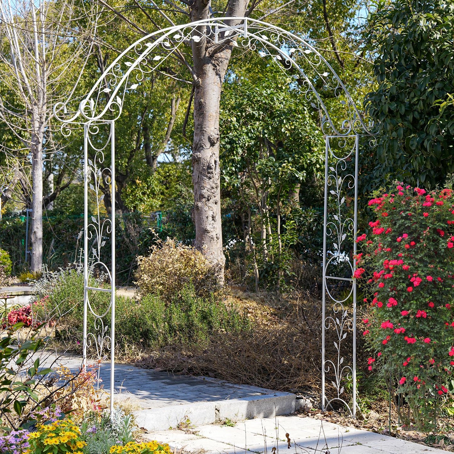 Sungmor Metal Garden Arbor, 92.5" High x 11.8" Wide Outdoor Garden Arch Trellis, Elegant White Archway for Wedding Party Event, Climbing Plants and Vine Flowers Support, Lawn Patio Yard Decoration