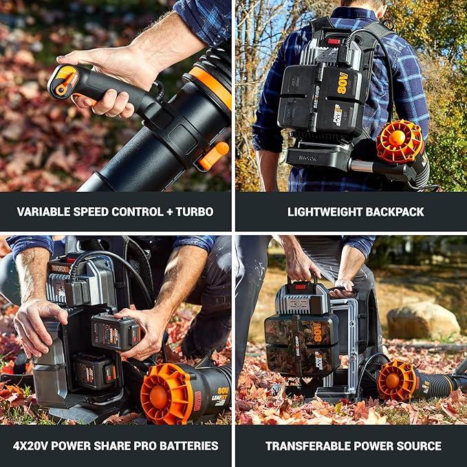 WORX Nitro WG572 80V Cordless Leaf Blower, Backpack Blower with 800CFM & 150MPH, Electric Blower for Lawn Care with Brushless Motor & Variable Air Control, 4 Batteries & Basecamp Charger Included