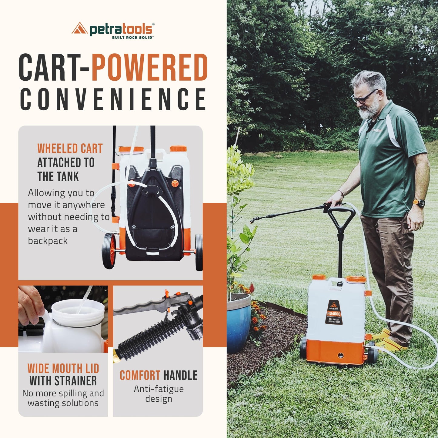 PetraTools Battery Powered Backpack Sprayer 4 Gallon - 6 Hours Long Battery Life & Padded Straps for Comfort - HD4000 Electric Backpack Garden Sprayer with 6 Spray Nozzles (HD4000 with Cart)