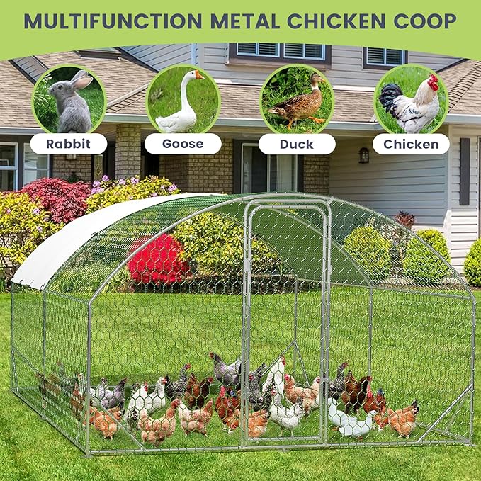 Large Metal Chicken Coop, Dome Shape with Tri-Supporting, Chicken Coop Run with Waterproof and Anti-UV Cover (13.1'L x 9.8'W x 6.6'H)
