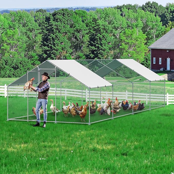 VEVOR Large Metal Chicken Coop with Run, 9.8x26.5x6.5 ft Walk-in Chicken Runs for Yard with Cover, Spire Roof Hen House with Security Lock for Outdoor and Backyard, Farm, Duck Rabbit Cage Poultry Pen