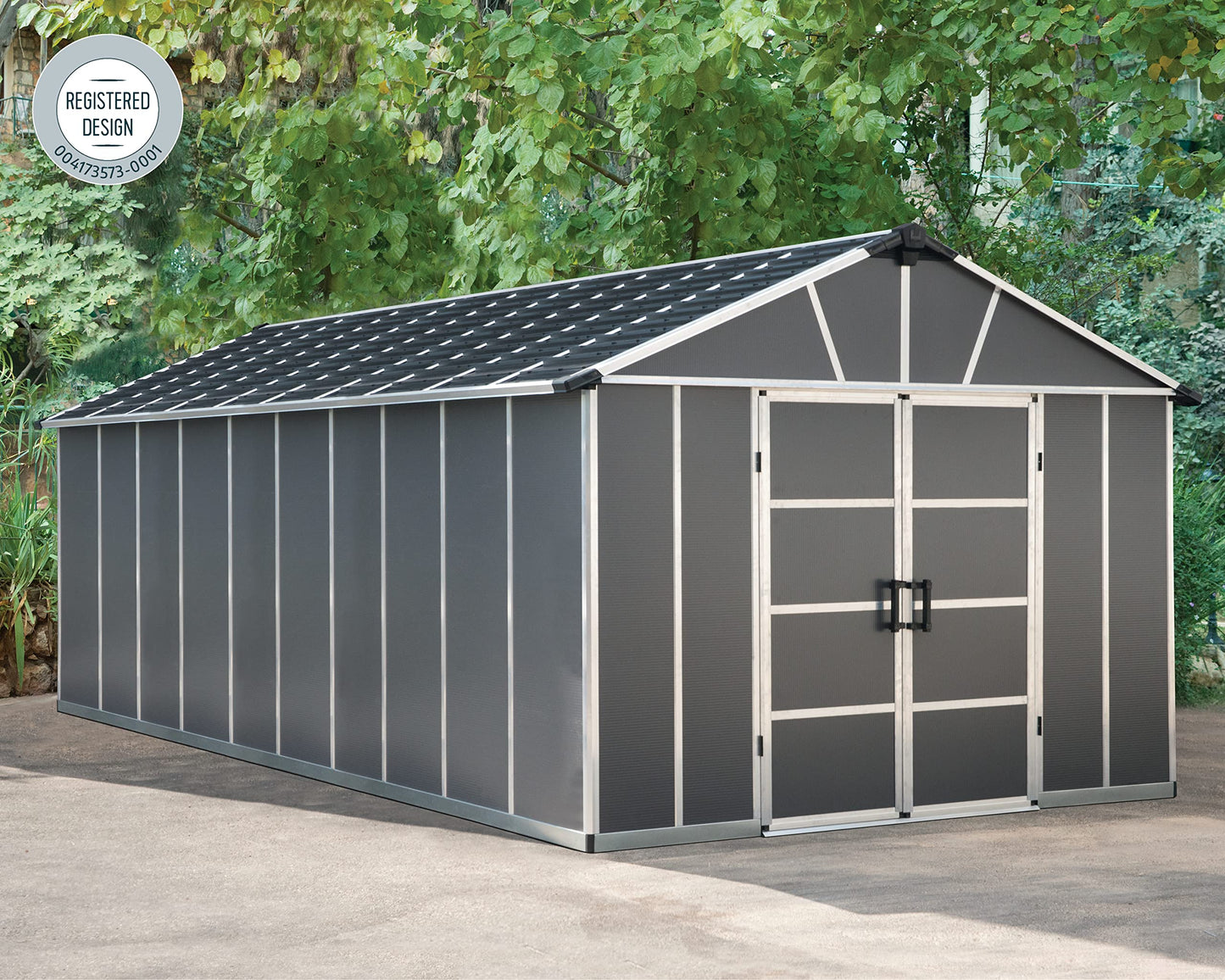 Palram - Canopia Yukon Outdoor Storage Shed 11' x 21' Gray for Backyard, Patio, Garden, Tools, Bikes, Lawnmower, Durable, Weather, Water, Snow, Rust Resistant Aluminum Frame
