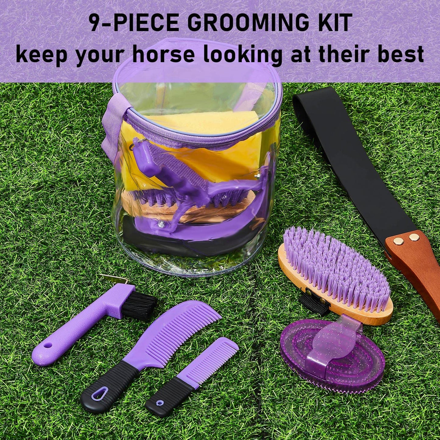 9 Pieces Horse Grooming Kit Tack Room Supplies Set with Organizer Tote Bag, Oval Massage Curry, Hard and Soft Brush, Hoof Pick, Sweat Scraper, Bathing Sponge, Combs for Horse Riders Beginners (Purple)