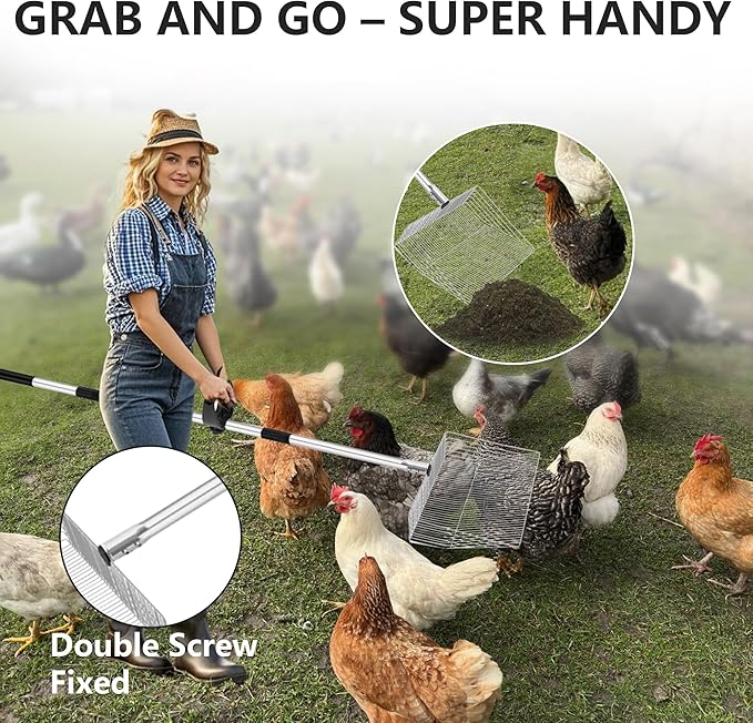 16-inch Large Chicken Poop Scooper with Ergonomic Grip, 4 in 1 Adjustable Chicken Coop Litter Scoop (31 to 77"), Multifunctional Litter Sifting Shovel Scoop- for Chicken Coop/Goat Stall/Stable