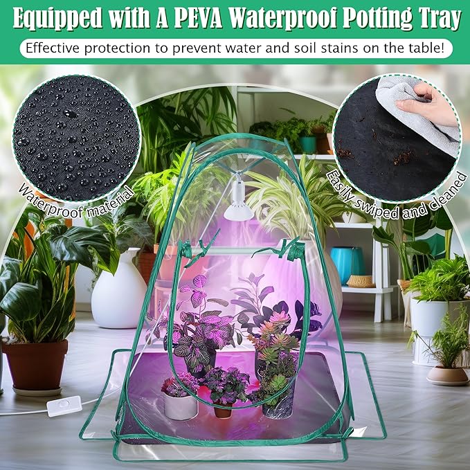Meonum Mini Greenhouse with 10W 200 LED Grow Light Bulbs for Indoor, 27" x 27" x 30" Pop Up Small Greenhouse Cover with Bottom Waterproof Bottom Mat for Indoor Outdoor Plants Seed Starting