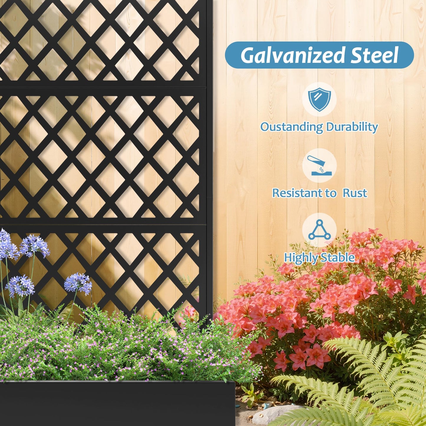 TUYOHW Metal Planter Box with Trellis & Wheels, Raised Garden Bed with Privacy Screen, Outdoor Standing Flower Beds with Drainage Hole for Climbing Plants, Vine, 47.2''L×15.7''W×70.9''H, Black