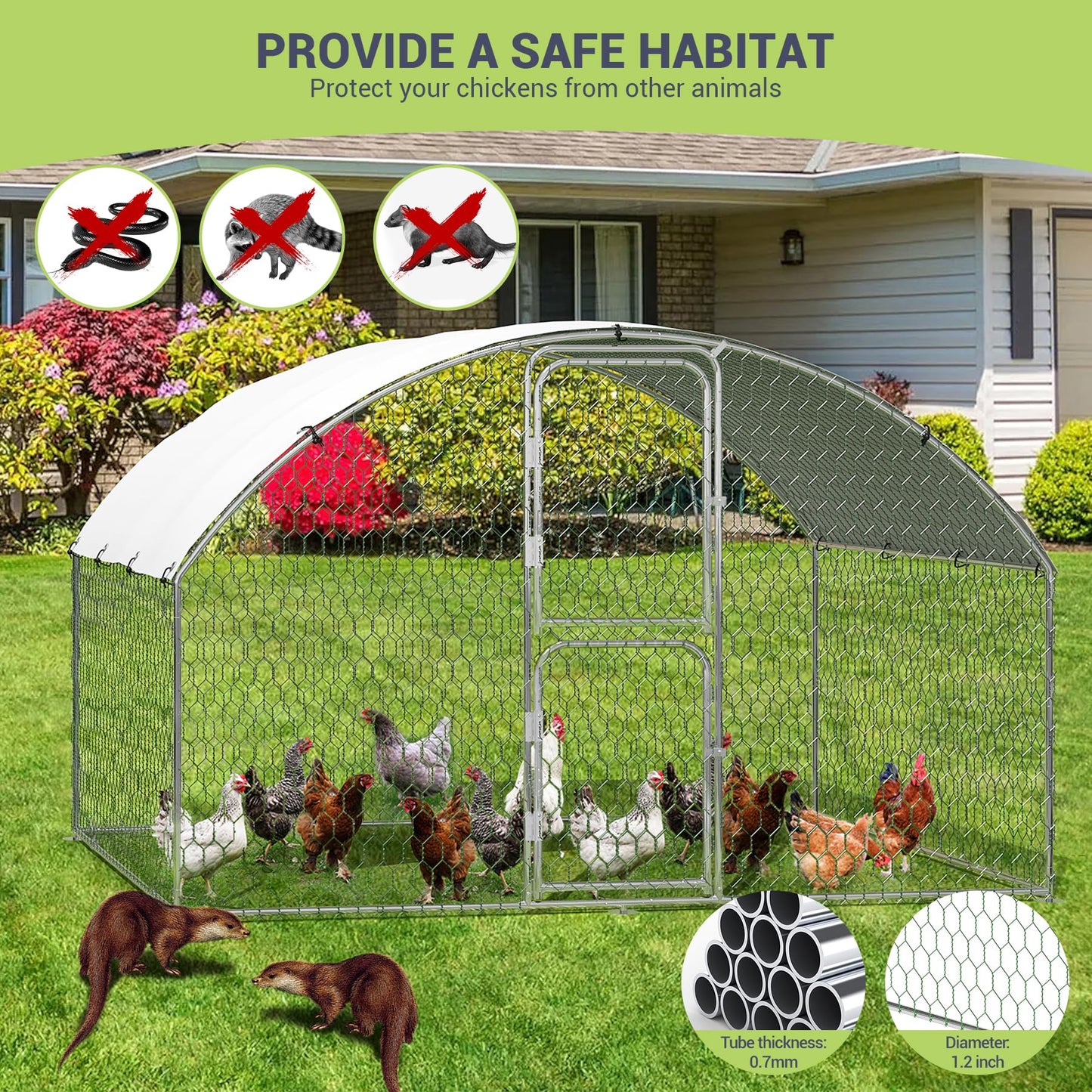 Large Metal Chicken Coop, Dome Shape Chicken Coop with Double Door, Chicken Run with Waterproof and Anti-UV Cover, Large Chicken Pen for Outdoor Farm Yard (6.5'L x 9.8'W x 6.6'H)