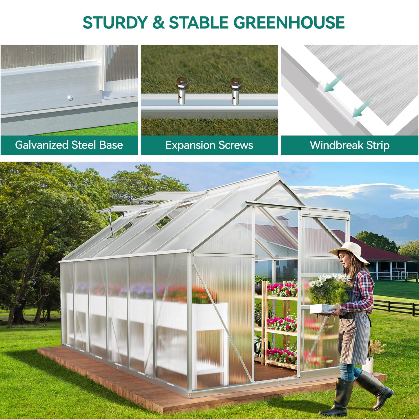 YITAHOME 6X12FT Polycarbonate Greenhouse Large Heavy Duty Green Houses Outdoor Greenhouses Aluminum Sliding Doors Vent Window for Garden Backyard, Silver