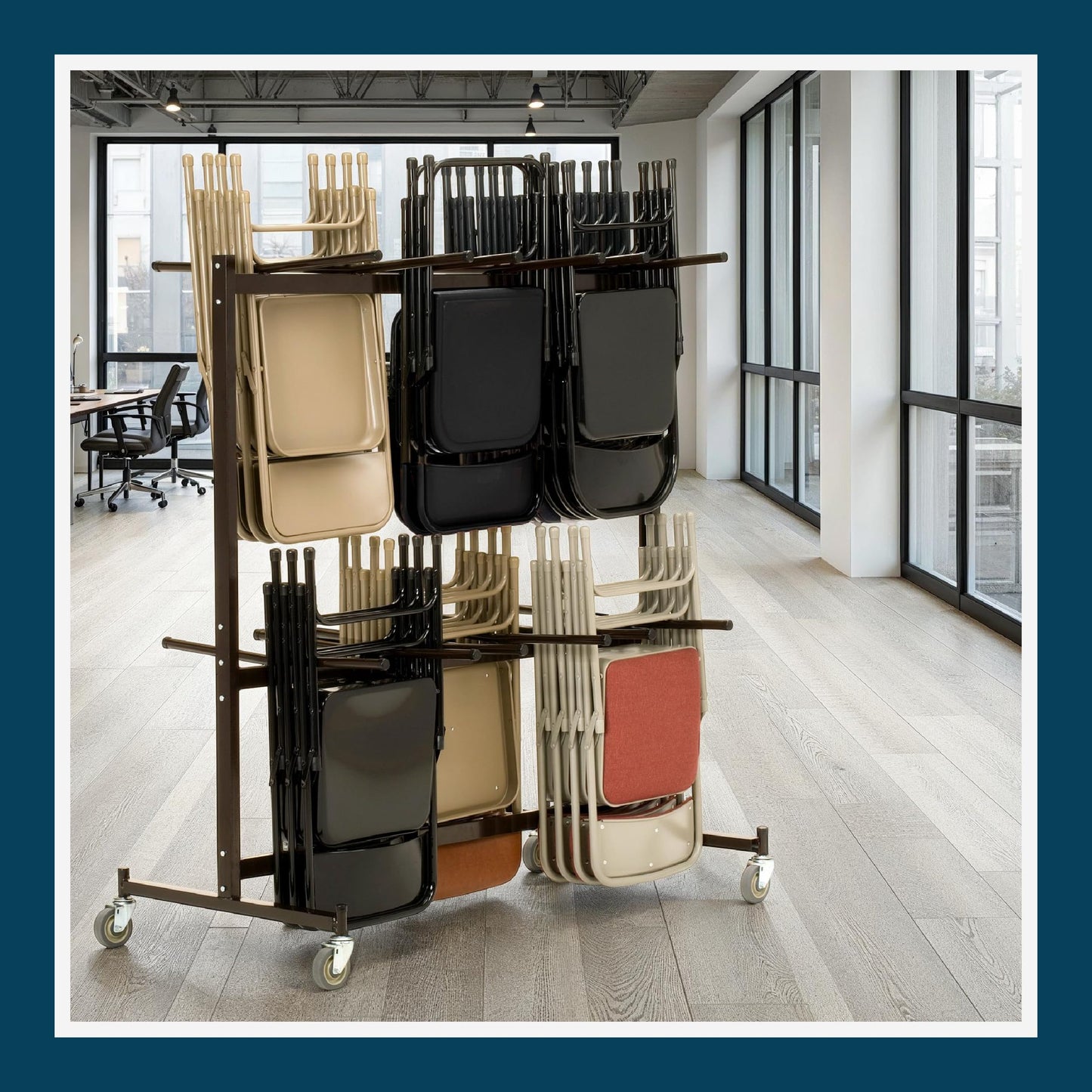OEF Furnishings OEF84 Series Folding Chair Cart – Heavy-Duty Two-Tier Steel Dolly Rack with Wheels (84 Chairs, Standard Height, Hanging Storage)