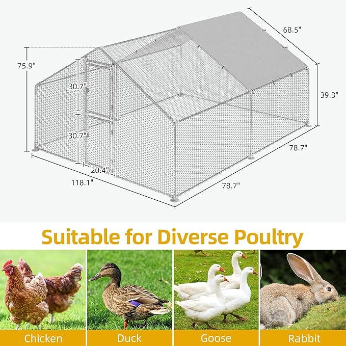 DWVO Large Metal Chicken Coop for 10-20 Chickens, 13.1 x 9.8 x 6.4 ft Walk-in Poultry Cage Chicken Run for Yard Outdoor with Waterproof and Anti-UV Cover Duck House Chicken Pen