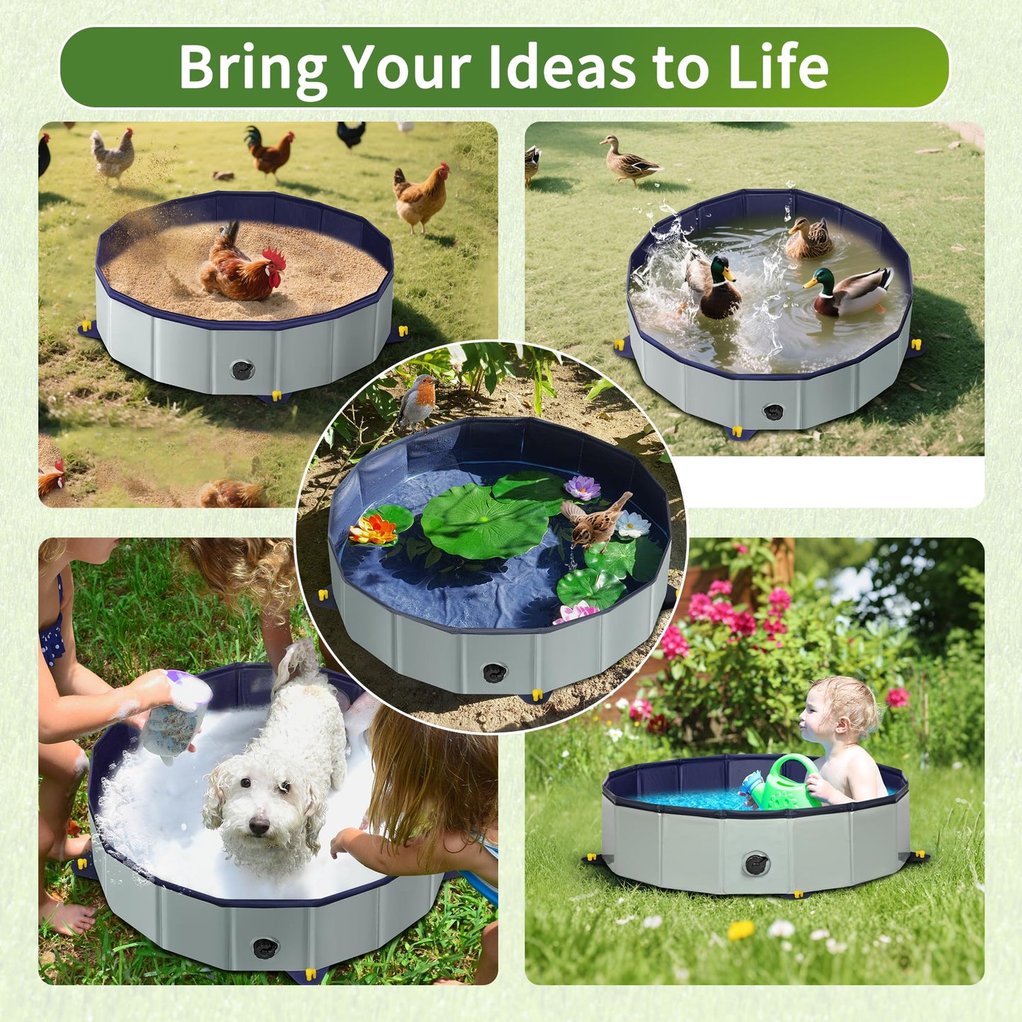 Chicken Dust Bath Tub - 32"D & 8"H Foldable Chicken Coop Accessories to Mix Sand Chilli DE Or Lime Dust in Chicken House, Keep Poultry Hens, Rooster, Button Quail Healthy & Clean, Double as Duck Pool