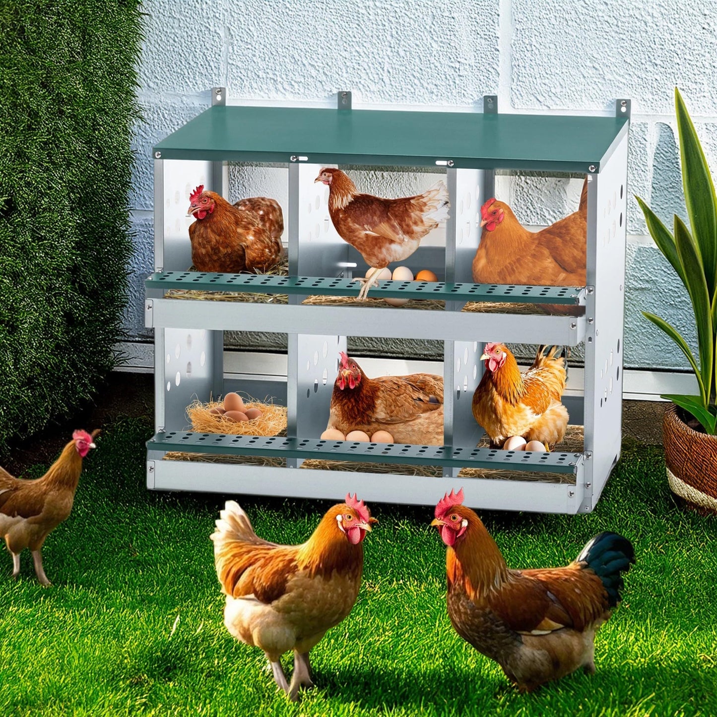 Chicken Nesting Box, 6 Compartments Chicken Nesting Box for Laying Eggs, Roll Away Chicken Laying Boxes, 33.07" L x 16.92" W x 25.59" H, Green