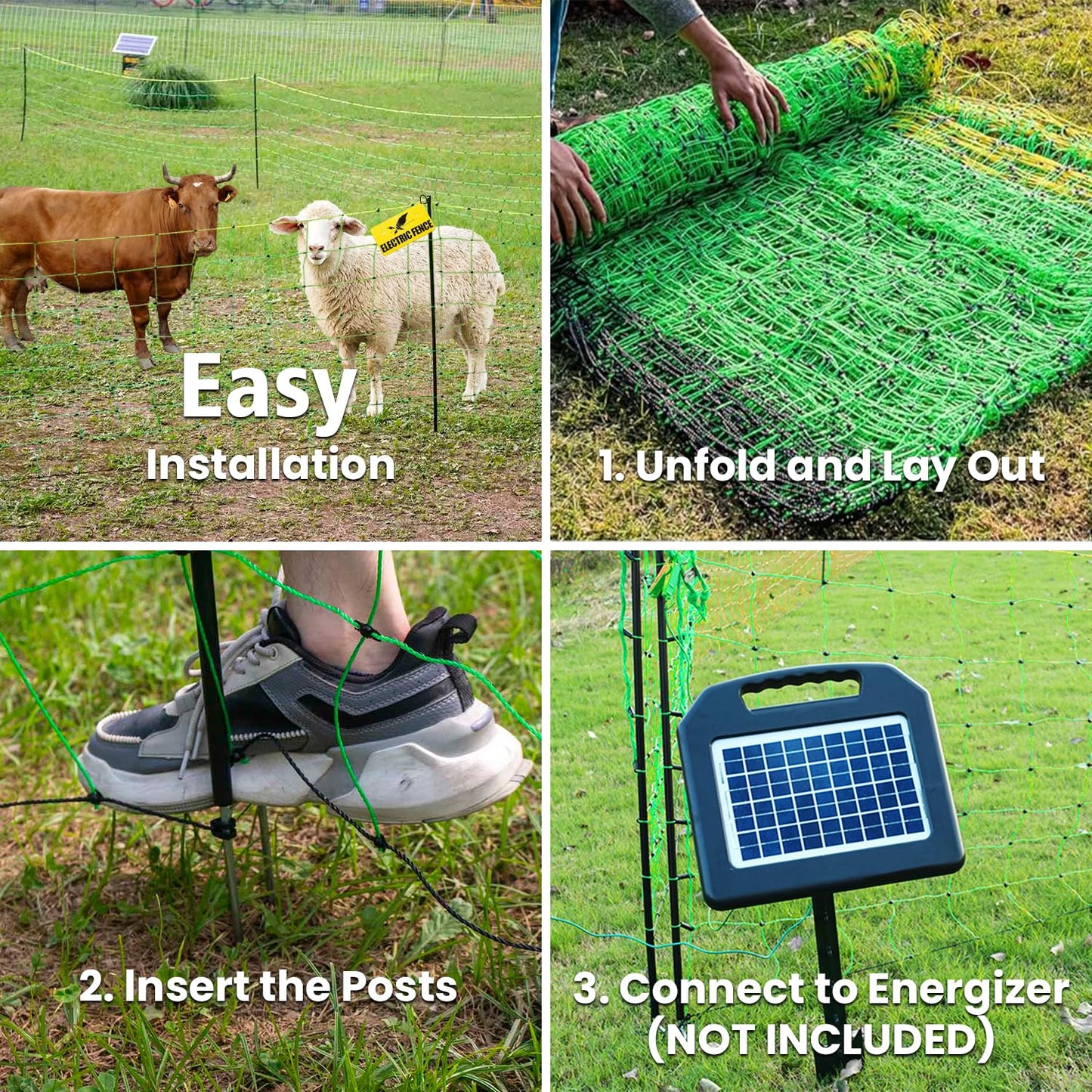 Electric Fence Netting, 49.6" H x 164'L Portable Livestock Nets for Cattle, Sheep, Goat, Hogs, Larger Animals, Electric Fencing with 14 Pre-Assembled Double-Spiked Posts for Backyards, Ranches, Farms