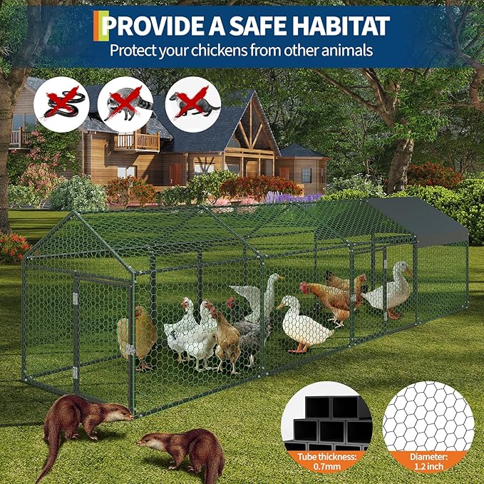 Large Metal Chicken Coop 13.3' x 3.3" x 3.3" Chicken Runs with Waterproof and Anti-UV Cover,3 Doors,Outdoor Hen House for Yard, Walk in Poultry Cage for Rabbit Duck Goose