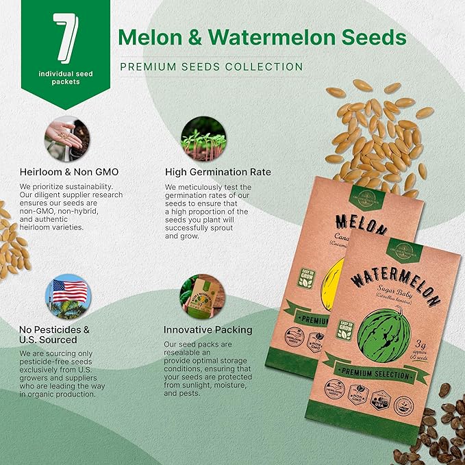 Organo Republic 7 Melon & Watermelon Seeds Variety Pack 480+ Non-GMO Heirloom Fruit Seeds for Planting Fruits in Individual Seed Packets, Home Garden Seeds for Hydroponic, Indoor & Outdoors Gardening