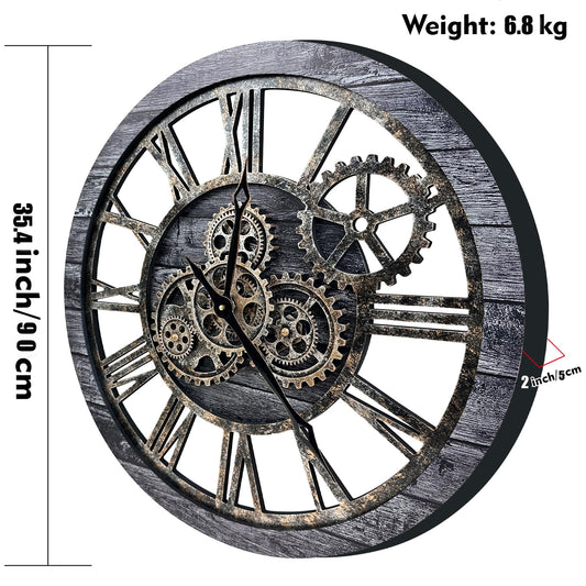 The B-Style Large Wall Clock 24 inch Moving Gear Wall Clock Oversized Vintage Farmhouse Wall Clocks for Living Room Decor Rustic Industrial Wood Clock (Carbon Gray, 36 inch/90cm)