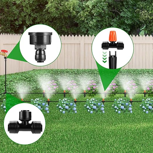 75FT Garden Irrigation System Kit, Greenhouse Watering System, Garden Watering System with 1/4" Tubing and Misting Nozzles, Quick Connector Design Automatic Irrigation System