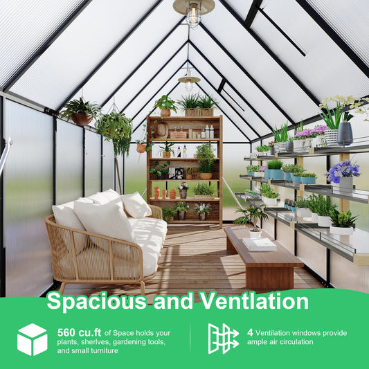 6'x11' Aluminum-Framed Polycarbonate Greenhouse, Heavy Duty Polycarbonate Greenhouse with Quick Setup Structure and Roof Vent, Large Enhanced Aluminum Green House Kit for Outdoors