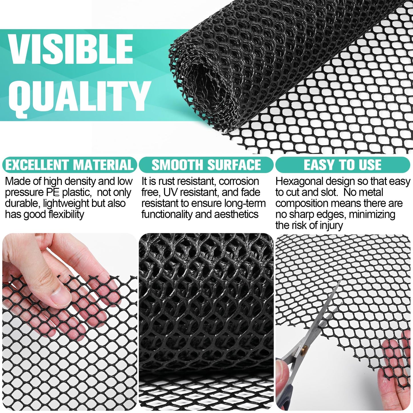 Plastic Mesh Fence Sheet 15.7IN x 10FT - 0.3IN Opening Plastic Chicken Wire Netting Roll Durable for Dogs, Poultry, Puppy, Garden Snake Barrier with 50 Pcs Zip Ties - Black