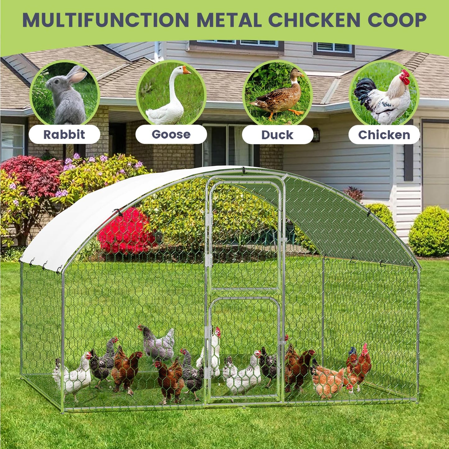 Large Metal Chicken Coop, Dome Shape Chicken Coop with Double Door, Chicken Run with Waterproof and Anti-UV Cover, Large Chicken Pen for Outdoor Farm Yard (6.5'L x 9.8'W x 6.6'H)