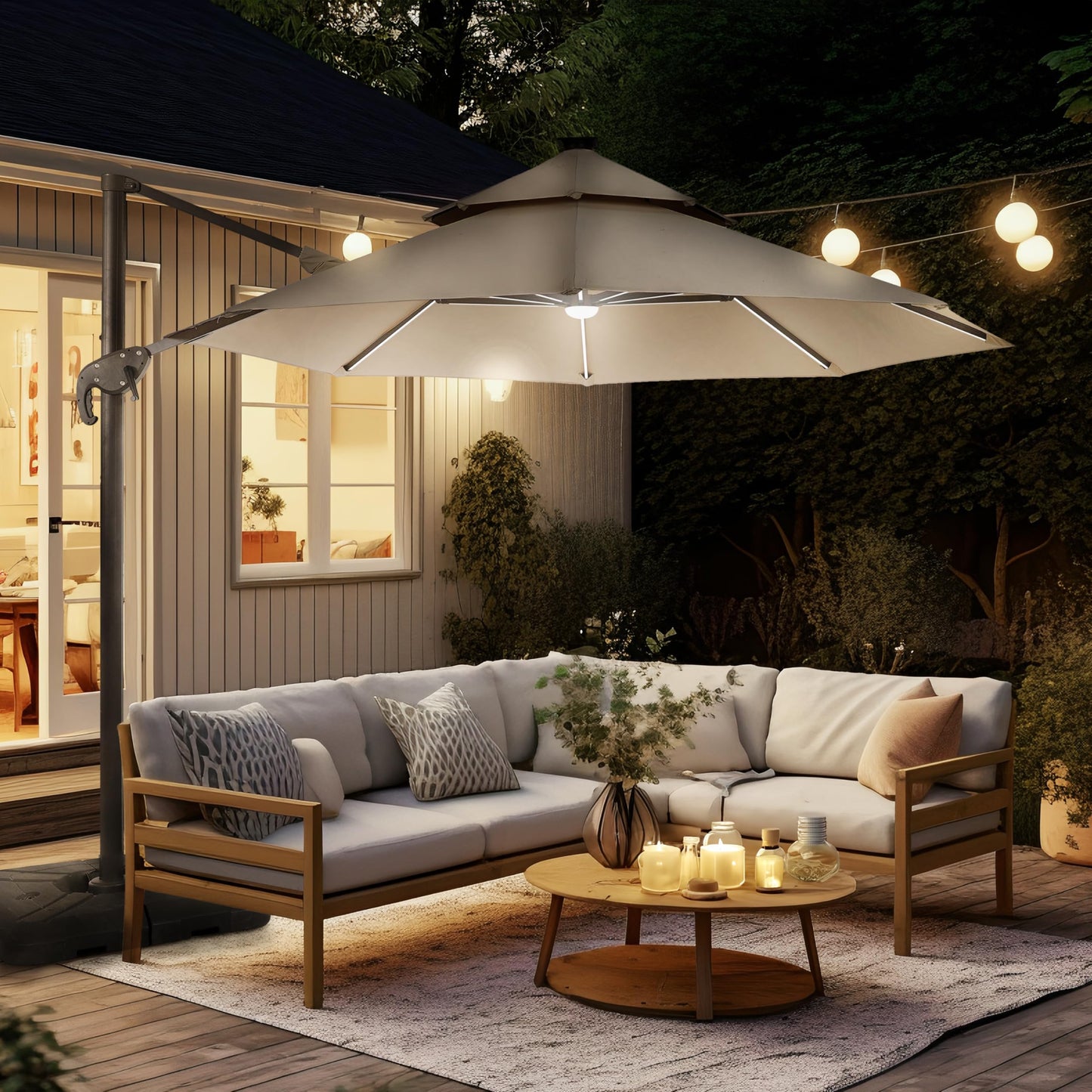 Greemotion Pire 8-foot Cantilever UV-resistant Shade Rotation Tilt Umbrella with Heavy Base and Built-in Solar Panel LED Light for Outdoor, Porch, Pool, Deck, Beige