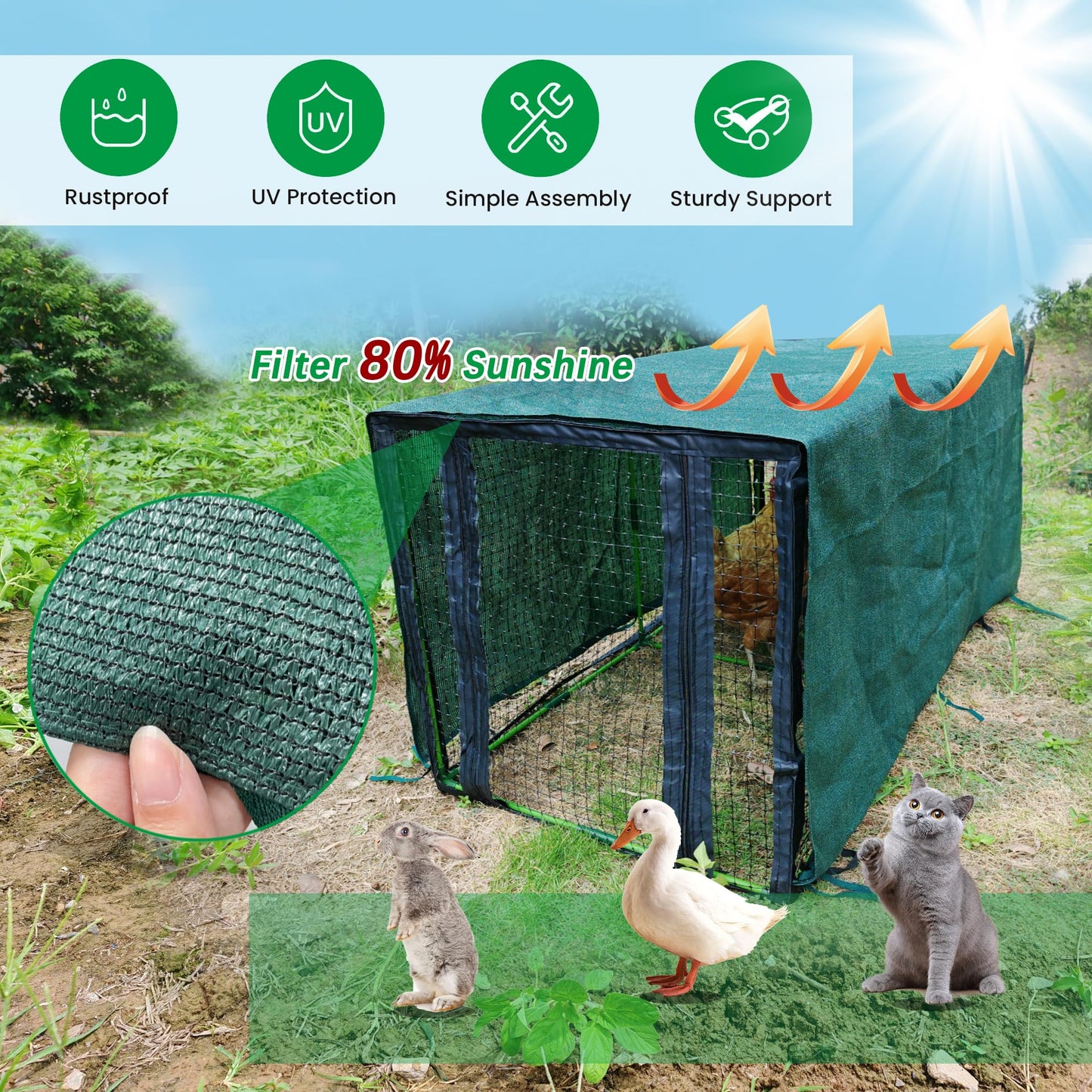 Chicken Coop with Garden Shade Cloth 4.4 * 2.2 * 2.2 FT Portable Poultry Cage Chicken Runs House Pen Cage Tarp for Outdoor Backyard Farm Use, Suitable for Chickens, Ducks, Quails and Cat
