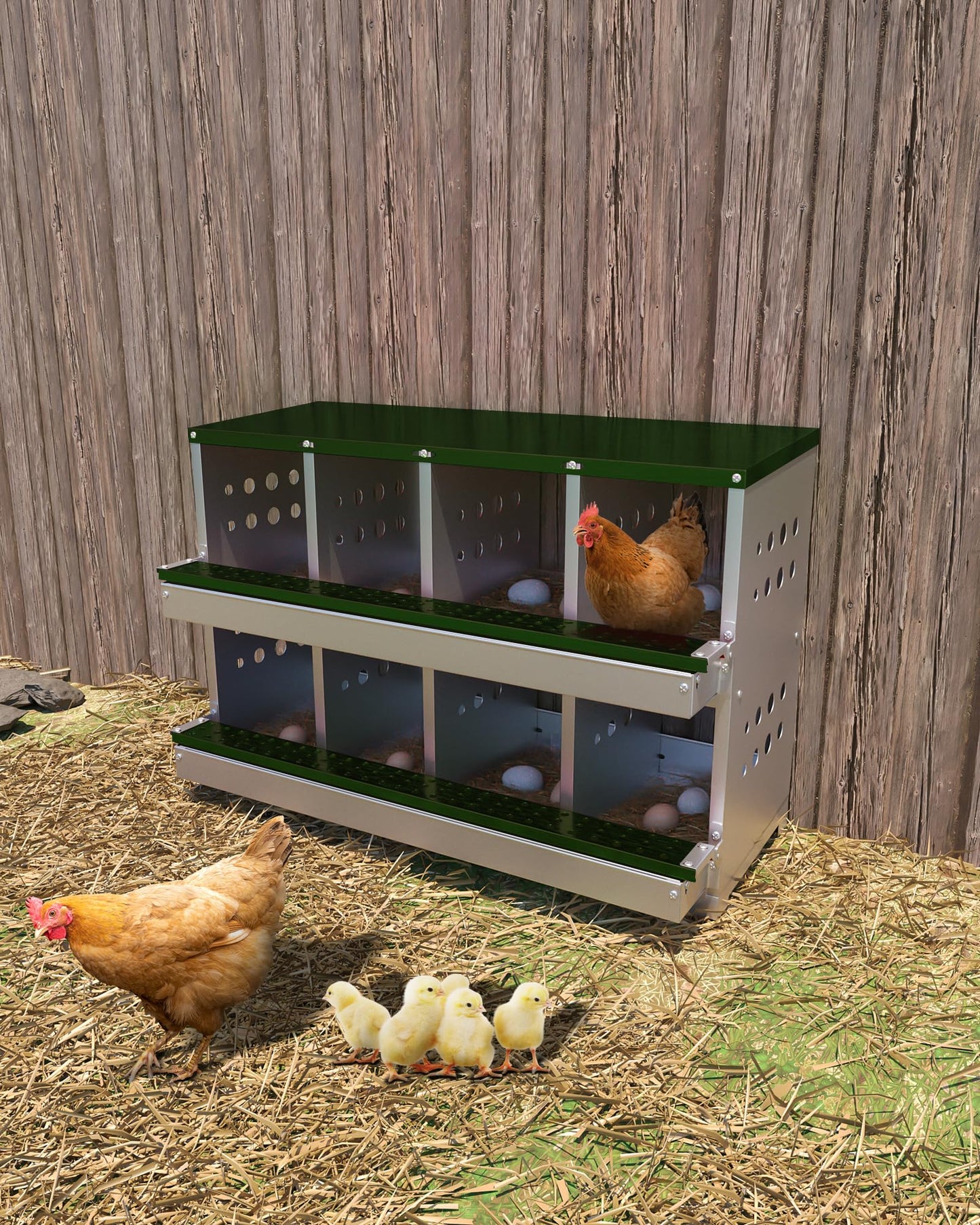 GarveeLife Wall-mountable Roll Away Metal Chicken Nesting Box for Laying Eggs, Rustproof Chicken Laying Boxes for Hens, Ventilated with Perch, Waterproof, 8 Compartments, Green