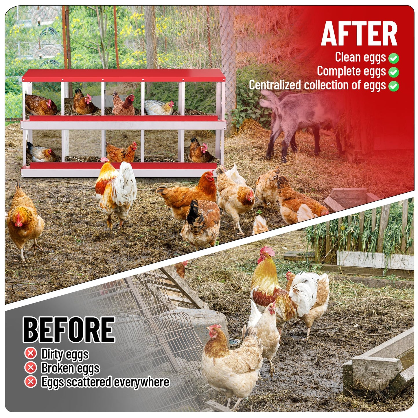 GarveeLife Nesting Boxes for Chickens, 10 Compartment Chicken Nesting Box, Metal Chicken Laying Boxes with Perch, Secure Lid, Versatile Wall Mount or Free Standing for Hens, Red
