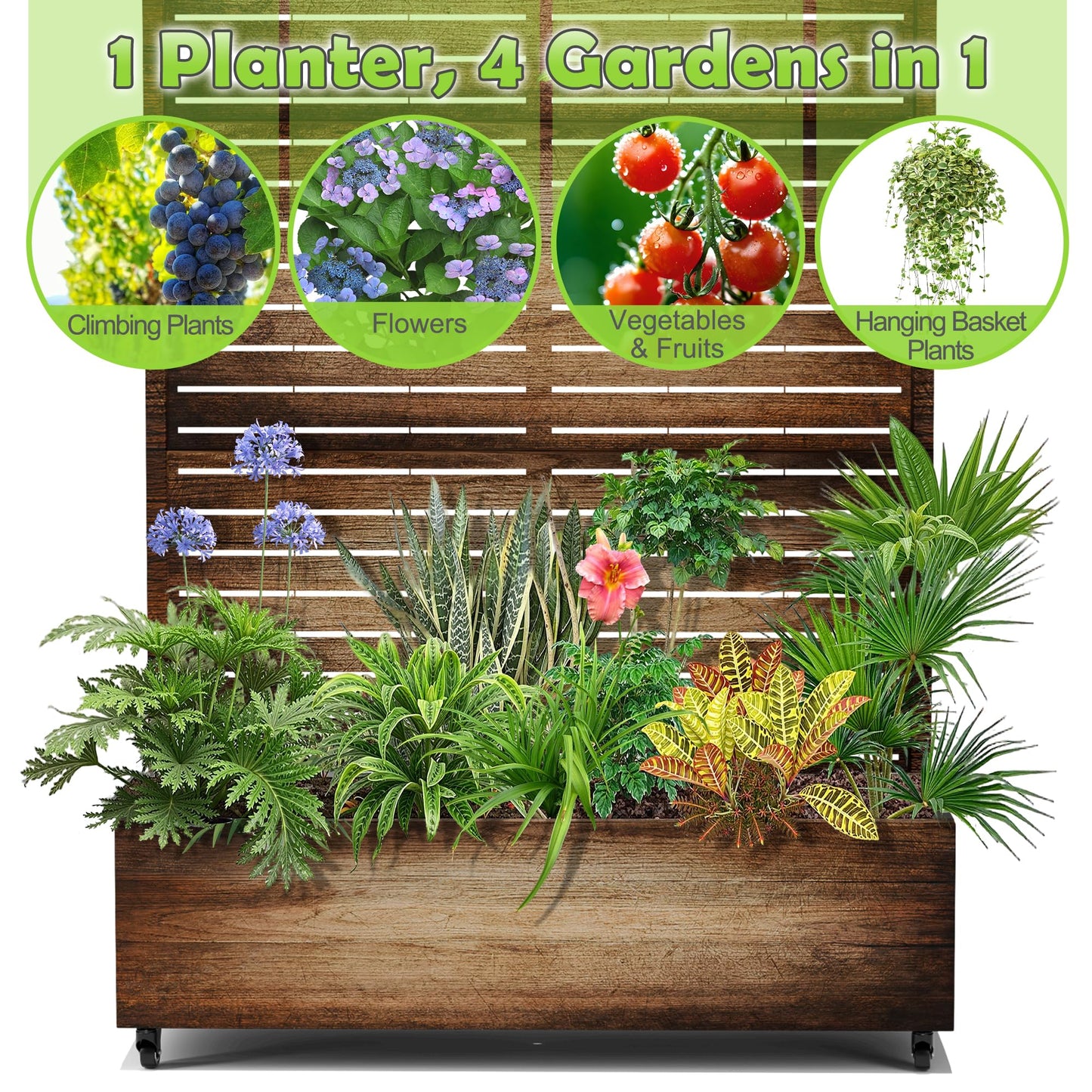 15.7"×70.9"×47.2" Metal Raised Garden Bed with Trellis and Wheels - Tall Trellis Planter Box for Climbing Plants, Vegetables & Vines - Outdoor Privacy Planters for Patio (White-Parallel)