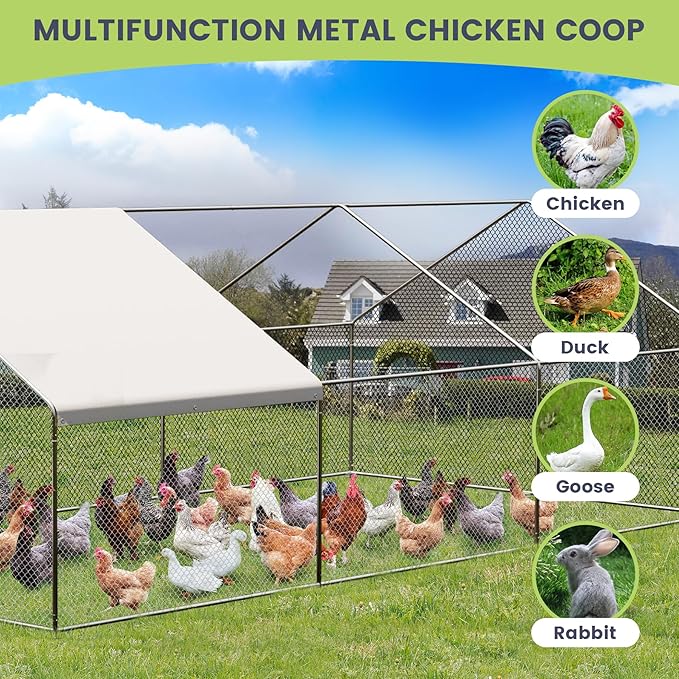 Large Metal Chicken Coop, Large Chicken Pen, Chicken Runs for Yard with Waterproof and Anti-UV Cover, Duck Rabbit House Outdoor (9.8'L x 19.7'W x 6.5'H)