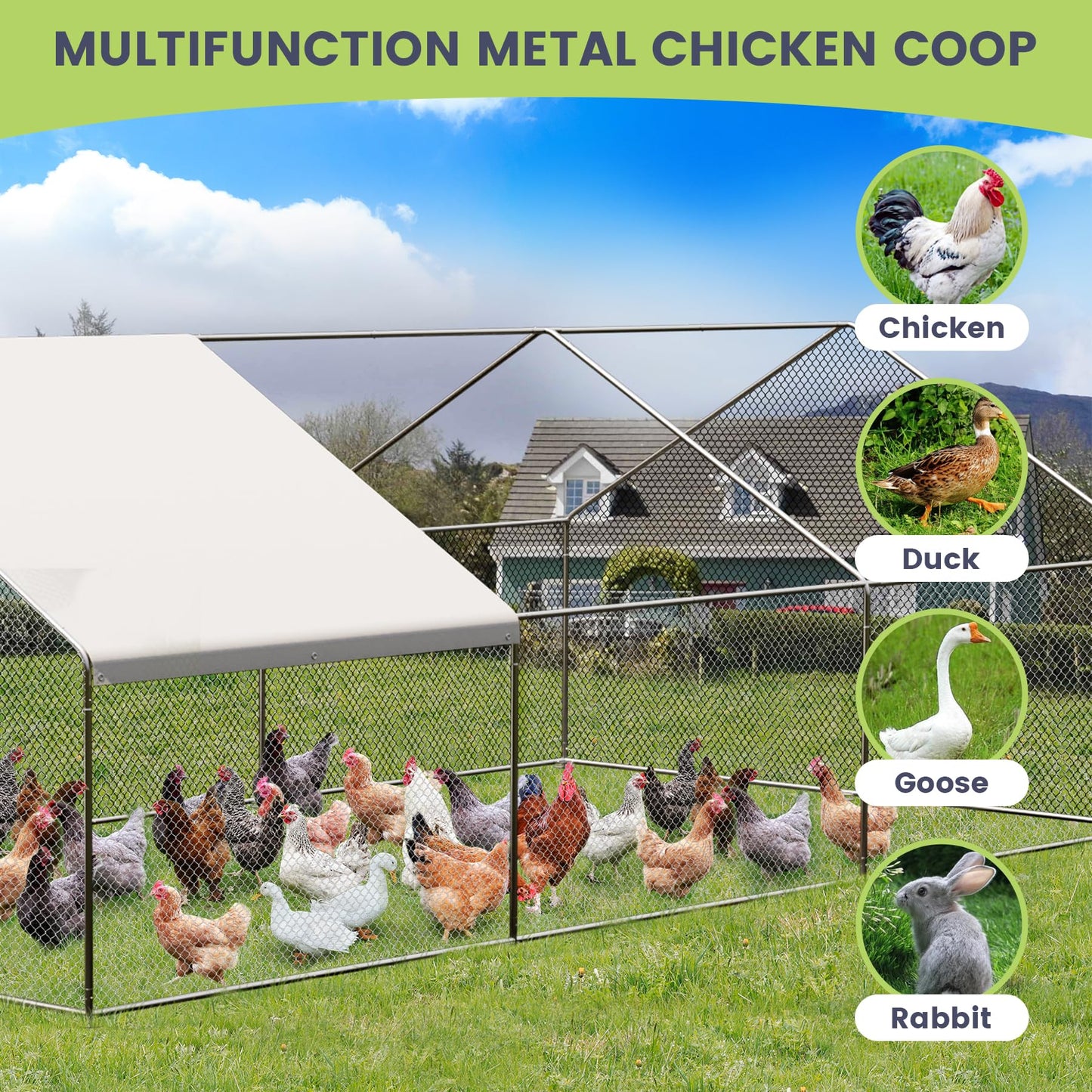 GarveeLife Large Metal Chicken Coop with Waterproof & Anti-UV Cover, Outdoor Chicken Pen (19.7' L x 6.6' W x 6.6' H)