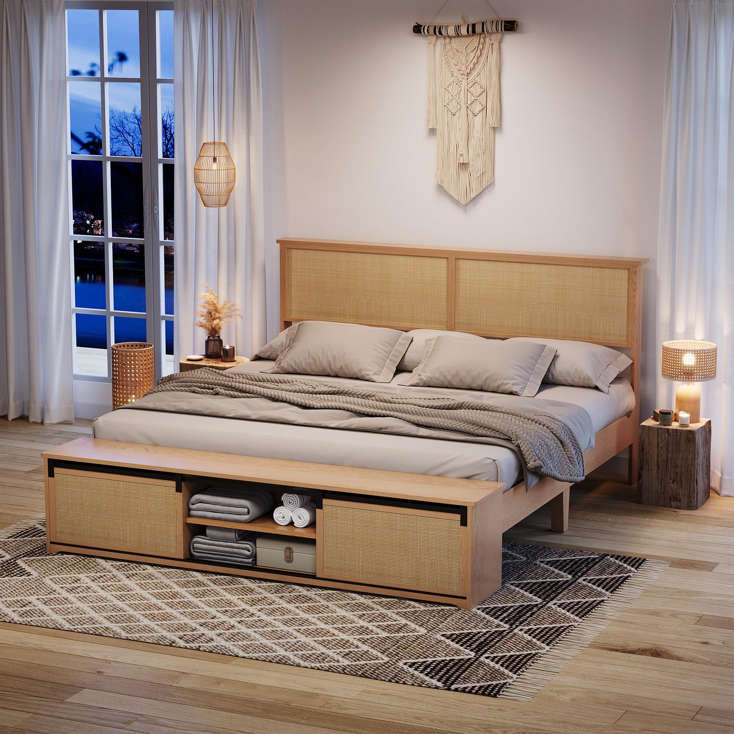 GarveeHome Natural Rattan King Size Bed Frame with Sliding Barn Door Storage Cabinets and Headboard, Boho Farmhouse Wood Platform Bed with Solid Wood Legs Support, No Box Spring Needed