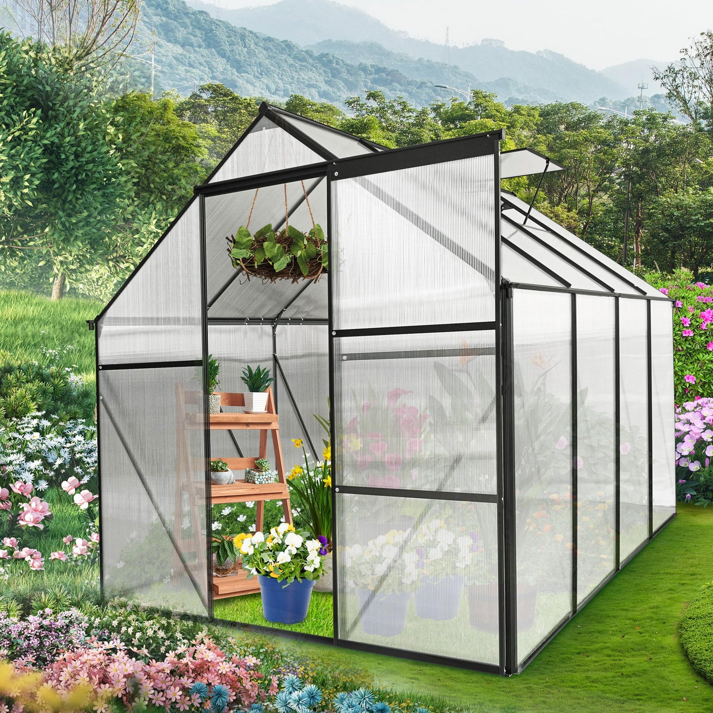KELRIA 6x8 FT Heavy Duty Walk-in Hobby Greenhouses, Polycarbonate Greenhouse with Sliding Doors and Adjustable Roof Vent, Aluminum Sunroom Green House for Outdoor Garden Backyard, Black