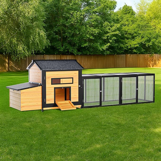 118" Large Wood Chicken Coop,Outdoor Hen House with Nesting Box Poultry Cage,Oversized Enclosed Run,Hen Coop with Leak-Proof Pull-Out Tray,Asphalt Roof & Free-Range Doors,Black+Gold