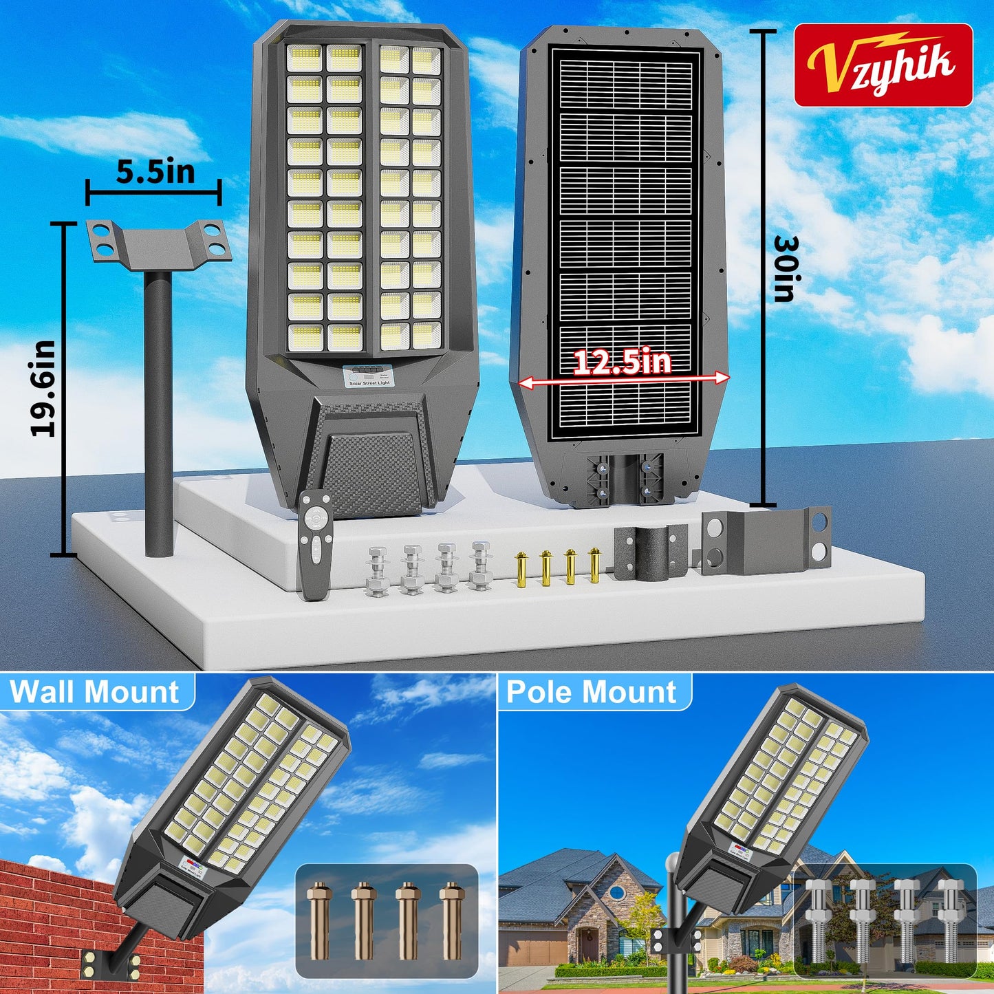 Vzyhik Solar Street Lights Outdoor Waterproof Dusk to Down - Large 9500W Outdoor Solar Light with Motion Sensor Remote Control LED Commercial Parking Lot Flood Lights for Yard Garden Pathway