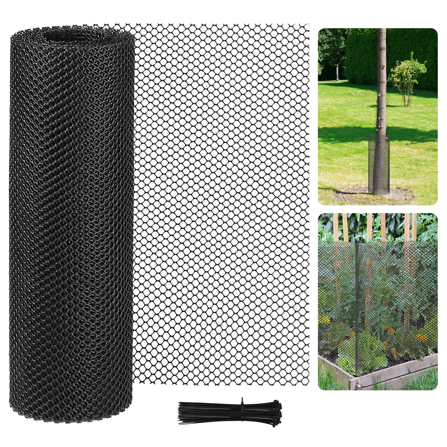 15.7 Inch x 20 Ft Plastic Chicken Wire Fencing,Black Poultry Netting with 100 Twist Ties,Garden Fence for Animals, Mesh Tree Guard Trunk Protectors and Floral Arrangements